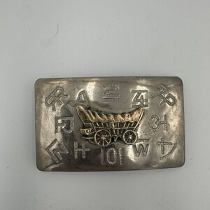 Vintage Western Covered‎ Wagon Cattle Brand Belt Buckle Silver Tone 3x2 Inch